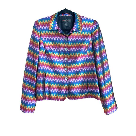 Nina McLemore Womens 100% Silk Blazer Jacket Size 6 Bright Multicolor Checkered - Picture 1 of 6